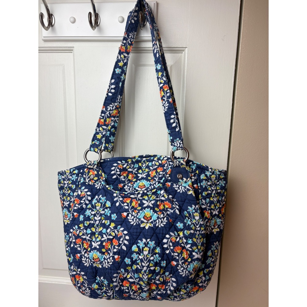 Vera Bradley Blue Floral Quilted Cotton Tote Shoulder Bag Zip Top 15x12x5